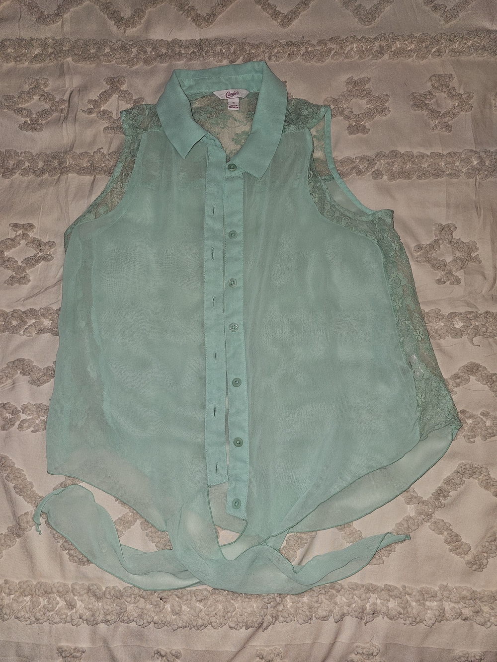 Candie's Mint Sheer Lace-Back Tie-Hem Sleeveless Top